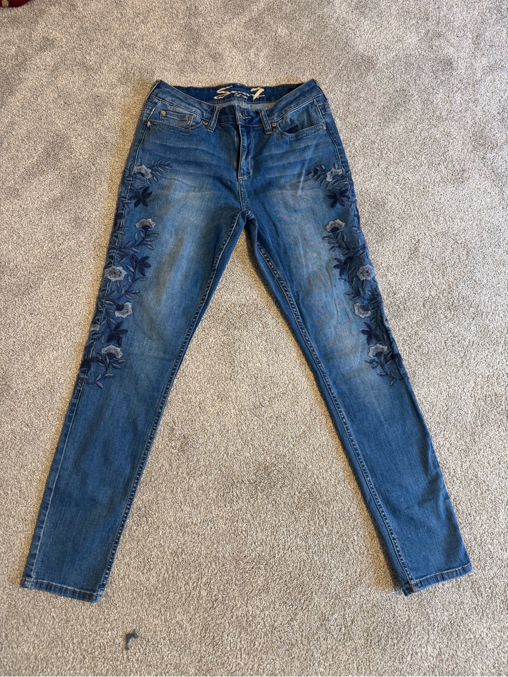 Seven7 Blue Skinny Jeans with Navy Floral Embroidery